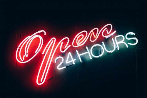 Open 24 Hours Neon Sign Free Photo