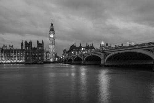 Big Ben at Night in Black and White Free Photo