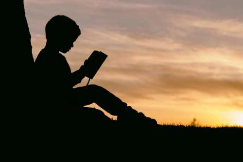 Silhouette Child Reading Sunset Free Photo