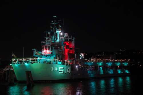 Boat Vessel Navy Night Lights Water Harbor