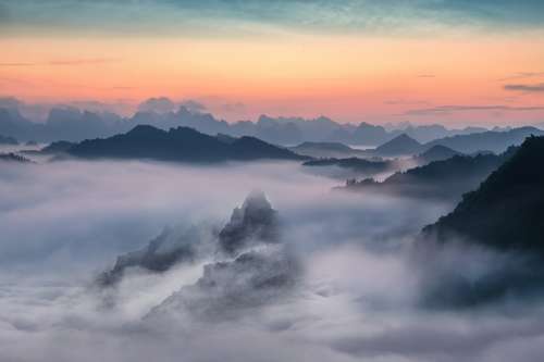 Landscape Mountain Fog Sunset Sky Clouds
