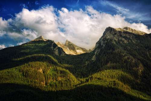 Mountains Clouds Sky Blue Forest Green Rock