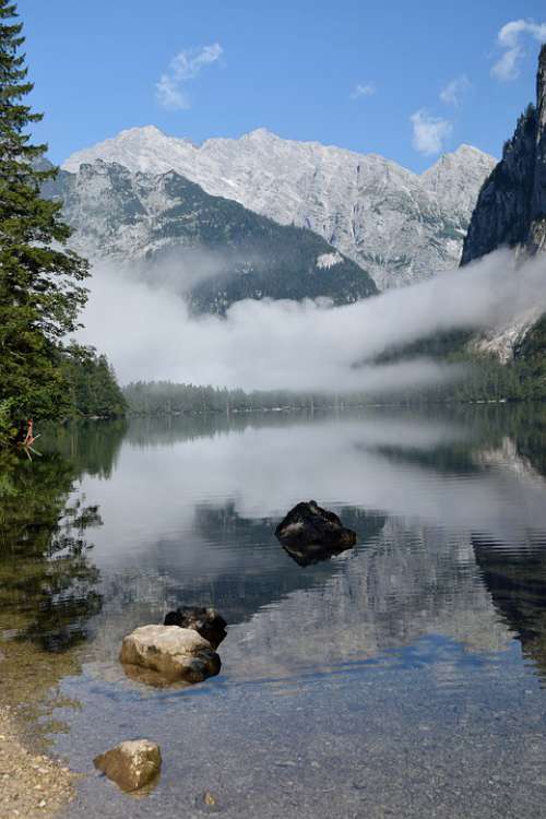 Mountains Lake Fog Landscape Nature Water Bergsee