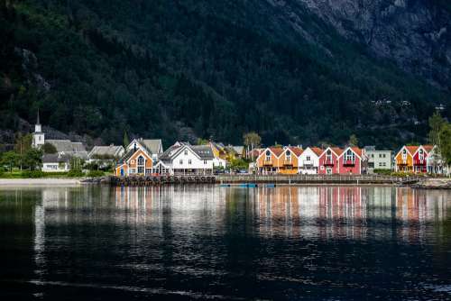 Norway Mountains Ship Fjord Water Village Color