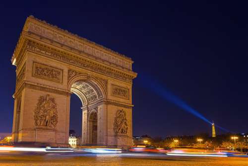 Paris Arc De Triomphe Night Eiffel Tower Light