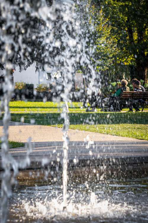 Park Summer Bench Fountain Fontaine Water Garden