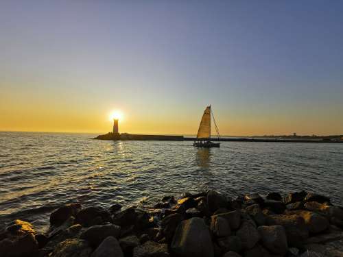 Sailboat Sunset Lighthouse France Coast Port Agde