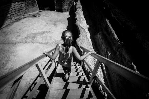 Stairs Girl Walk Metal Shade Black And White