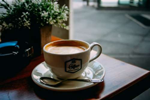 Cofee mug in a terrace. Coffee shop.
