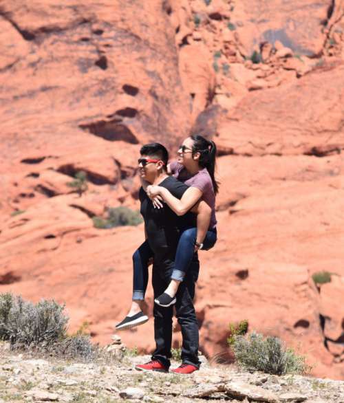 Cute couple on vacation in Red Rock Canyon Las Vegas Nevada 