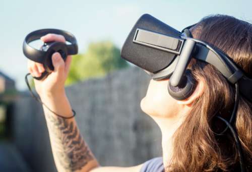 Virtual reality, VR, 3D, game, gamer, gaming, woman, playing, augmented reality, looking up, gadgets, tattoo, backyard, outdoors, future, technology, hologram, holding, closeup, helmet, visual, view, headset, innovation, glasses, experience, digital, device, reality, stereoscopic