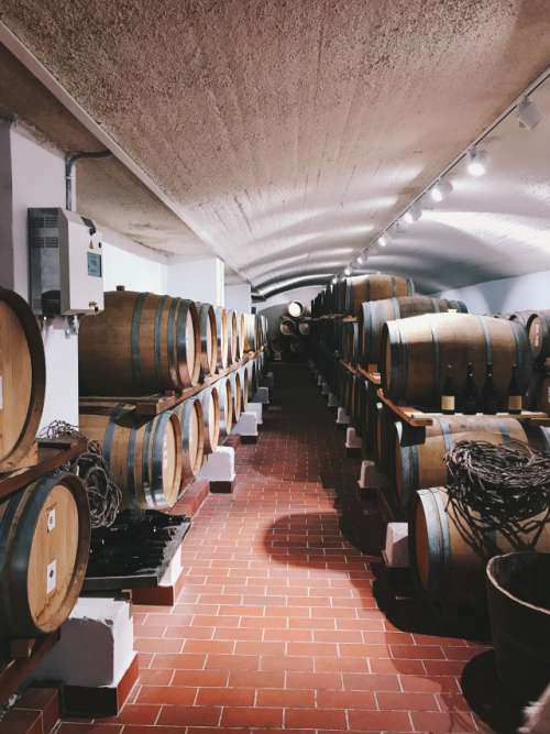 Vine barrels at the winery in Santorini. 