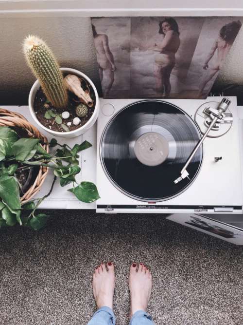 From Where I Stand; record player and Dark Dark Dark record, with cactus and feet