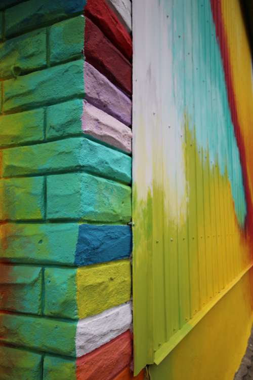 colorful brick wall corner building