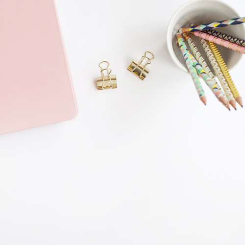 cup flat lay clips pencils pastel