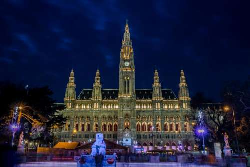 Night View of Town hall from ice skating rink in Vienna, Austria