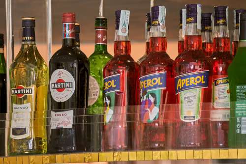 Alcohol Beverages Bar Shelf Bottles Sorted Aperol