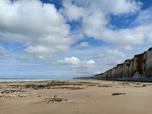 Beach Chalk Cliffs Clouds Sea Coast Normandy