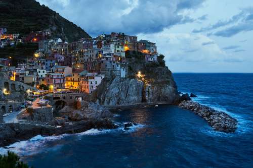 Cinque Terre Manarola Blue Hour Italy Mediterranean