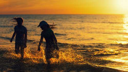 Beach Sunset Girl Joy Fun Ocean Sea Water Wave