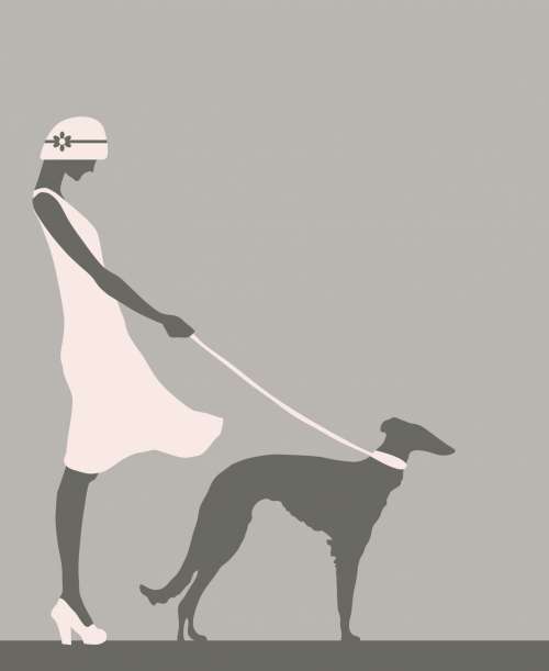 Woman Walking Dog Retro