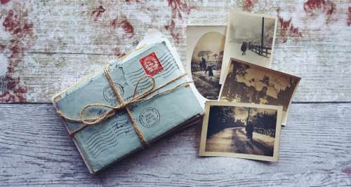 vintage letters photos flat lay rustic