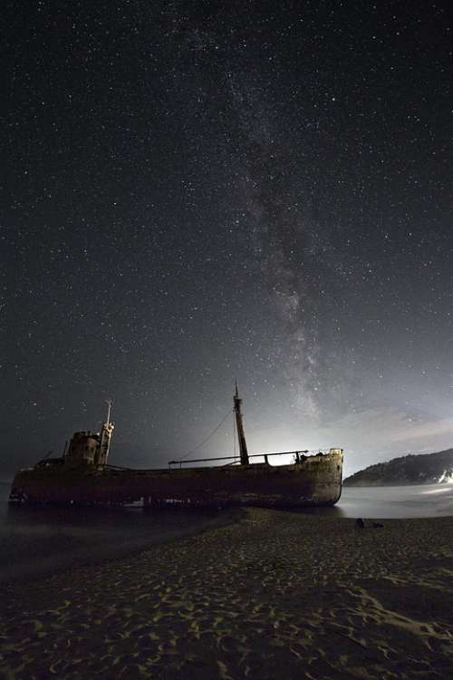 Shipwreck Milky Way Sea Water Night Sky Landscape