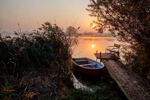 Morning Boat Pier Water Sunrise Channel Idyll