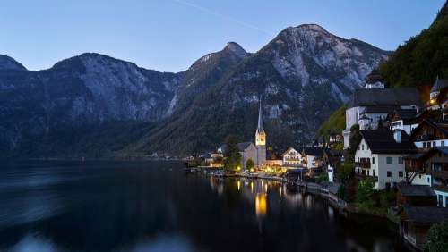 Hallstatt Church Lake Austria City Lights