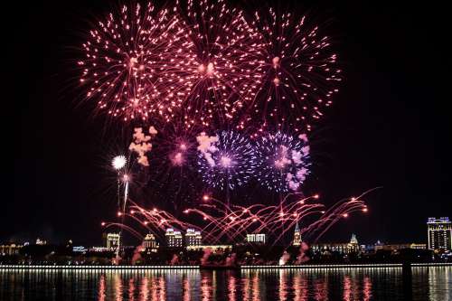 Fireworks Lights Water City Holiday Pyrotechnics