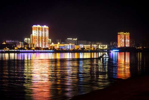 Night River Reflection City Lights Skyscrapers