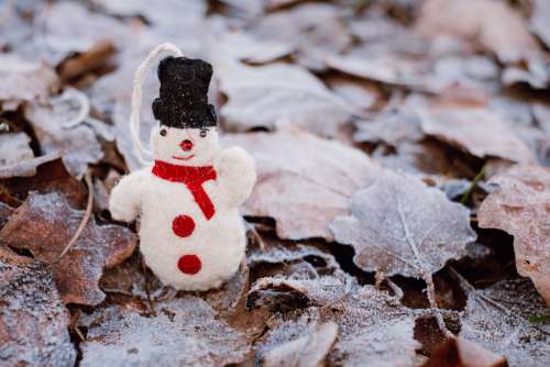 Felted snowman on frosted leaves 6