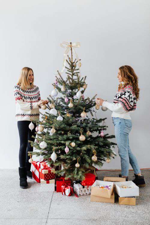 Women Decorate Christmas Trees