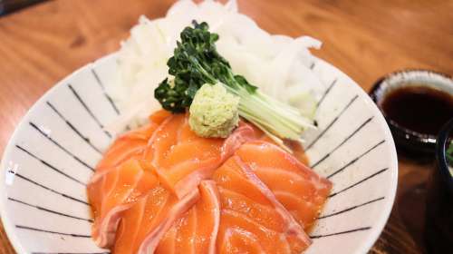 Salmon Salmon Plate With Rice Japanese Eat Dining