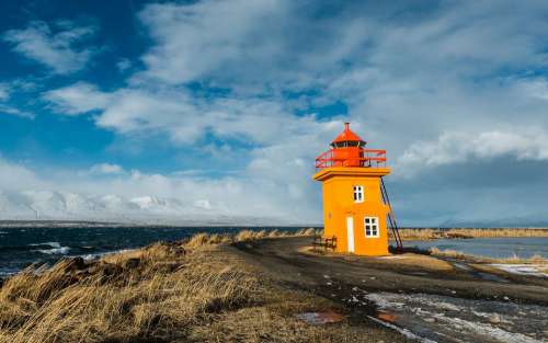 Iceland Lighthouse Coast Landscape Clouds Wind