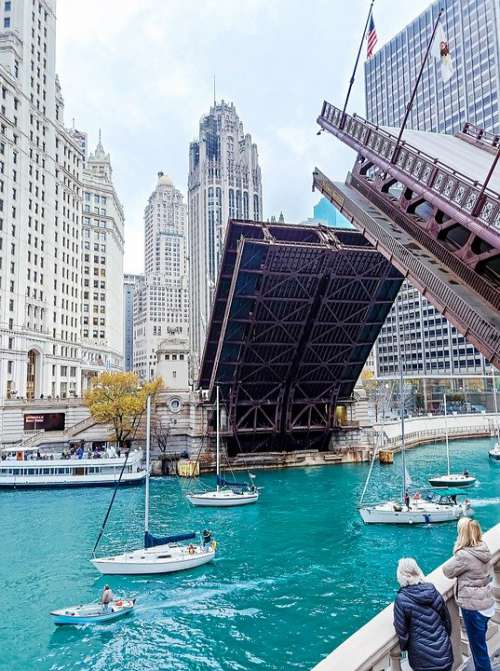 Chicago City America Building Bridge Boat Modern