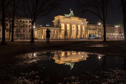Berlin Brandenburg Gate Night Photograph Mirroring
