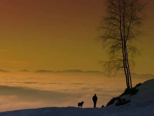 Sunset Mountains Fog Winter Silhouette