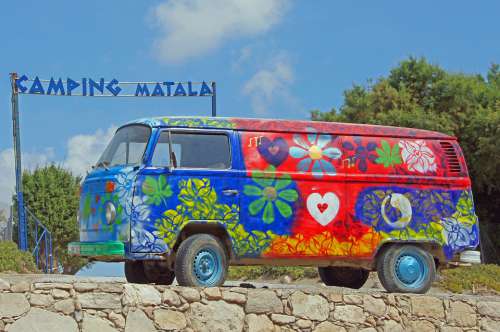 Love Peace Hippy Bus Flower Power Heart Matala