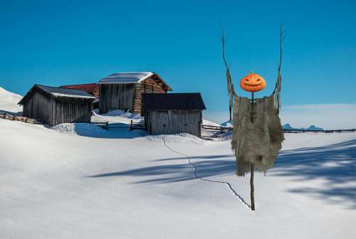 Photomontage Scarecrow Alpine Huts Snow Winter