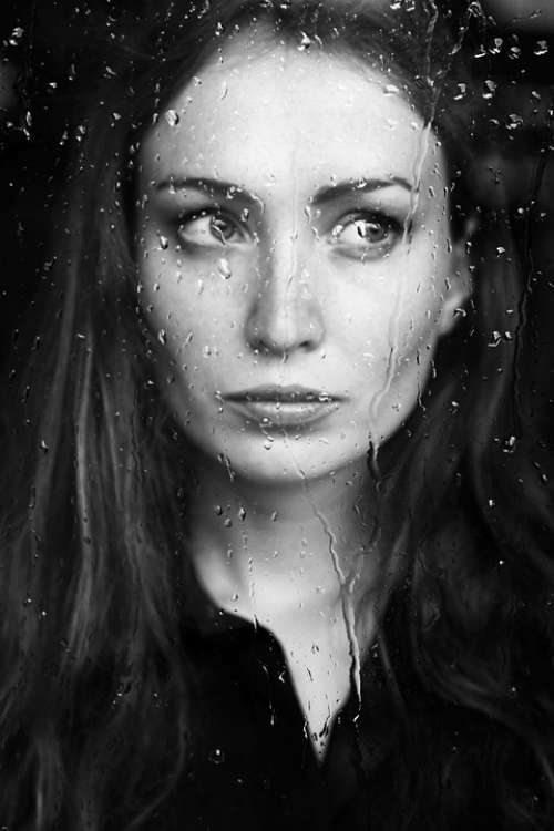Woman Behind Window Pane Rainy Rain Person
