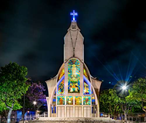 Church Night Religion Lights Architecture