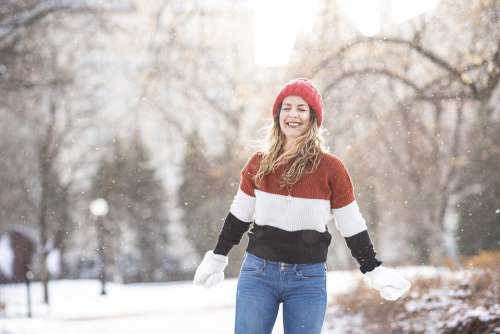 Winter Park Snow Flakes Red Hat Woman Portrait