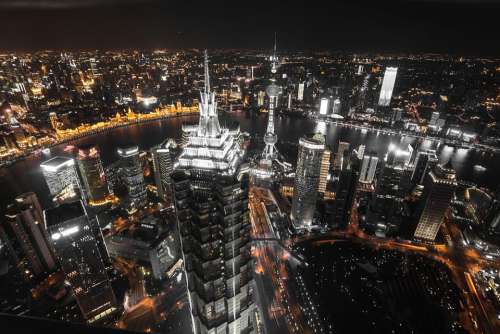 Night City Shanghai Asia East Architecture Urban