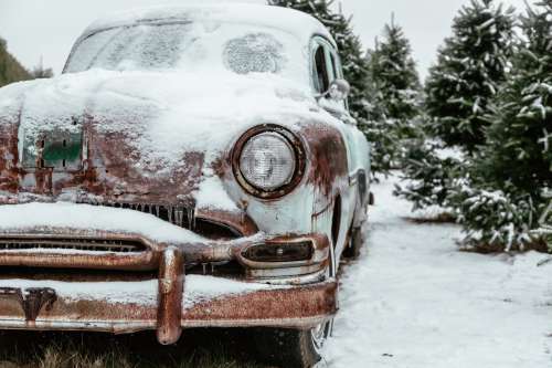 Snowy Antique Car Photo