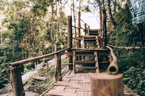 Handmade Multilevel Walking Bridge In Forest Photo