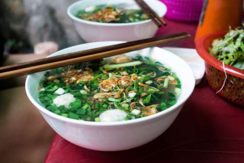 Vietnamese soup with chicken balls