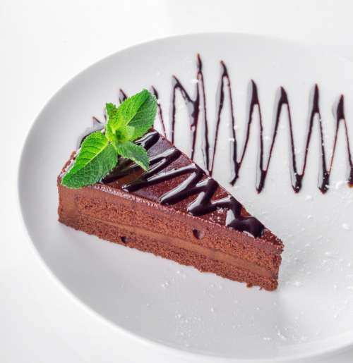 Slice of Chocolate cake on white serving plate