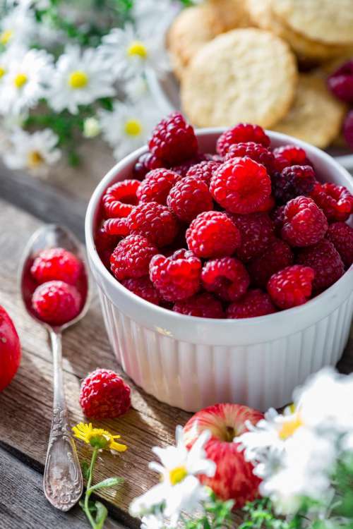 Close up of a bowl of fresh raspberries