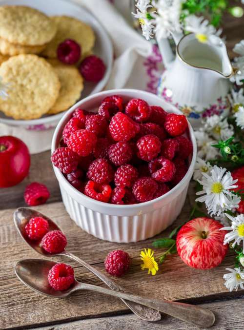 Close up of a bowl of raspberries on a table